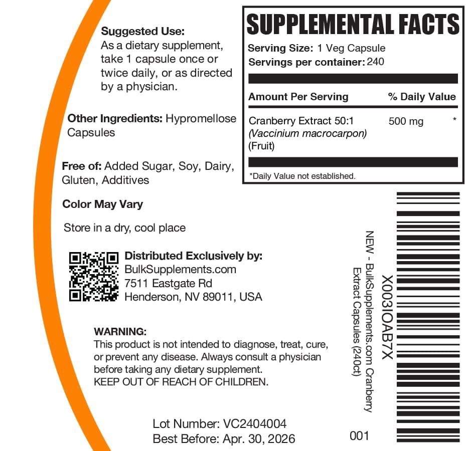 BulkSupplements Cranberry Extract capsules with vegan and gluten-free reassurance for shoppers.
