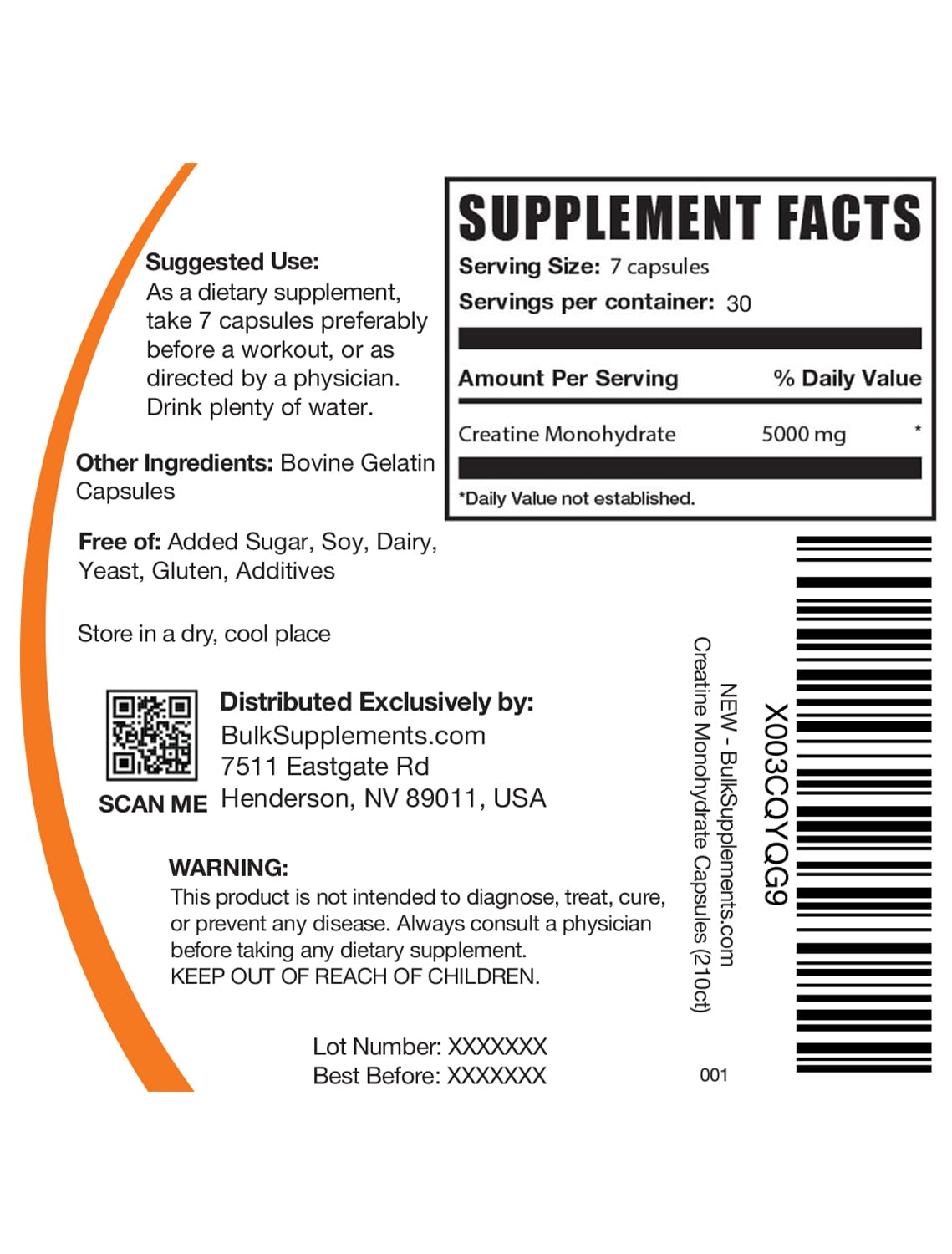 BulkSupplements Creatine Monohydrate capsules packaging produced in a cGMP compliant facility