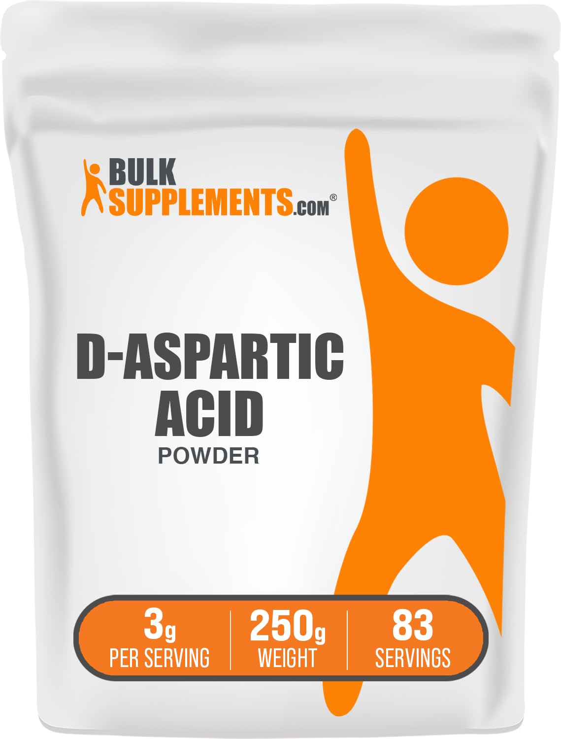 BulkSupplements D-Aspartic Acid powder bottle; unflavored and easy to mix daily.