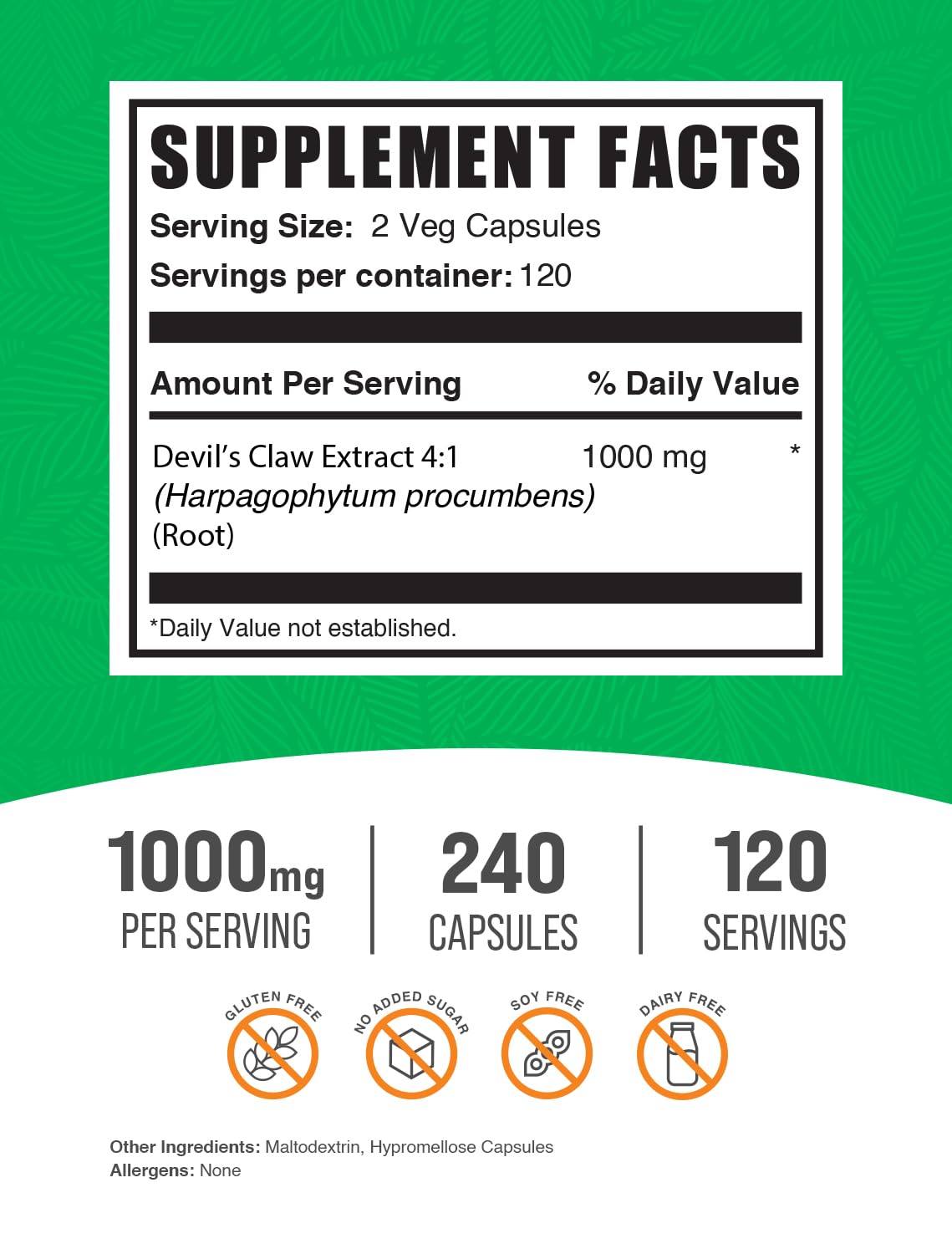 BulkSupplements Devil's Claw Extract capsules label highlighting vegan and gluten-free wellness option.