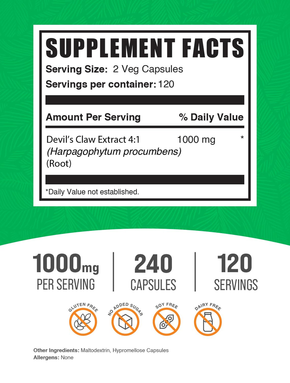 BulkSupplements Devil's Claw Extract capsules label highlighting vegan and gluten-free wellness option.