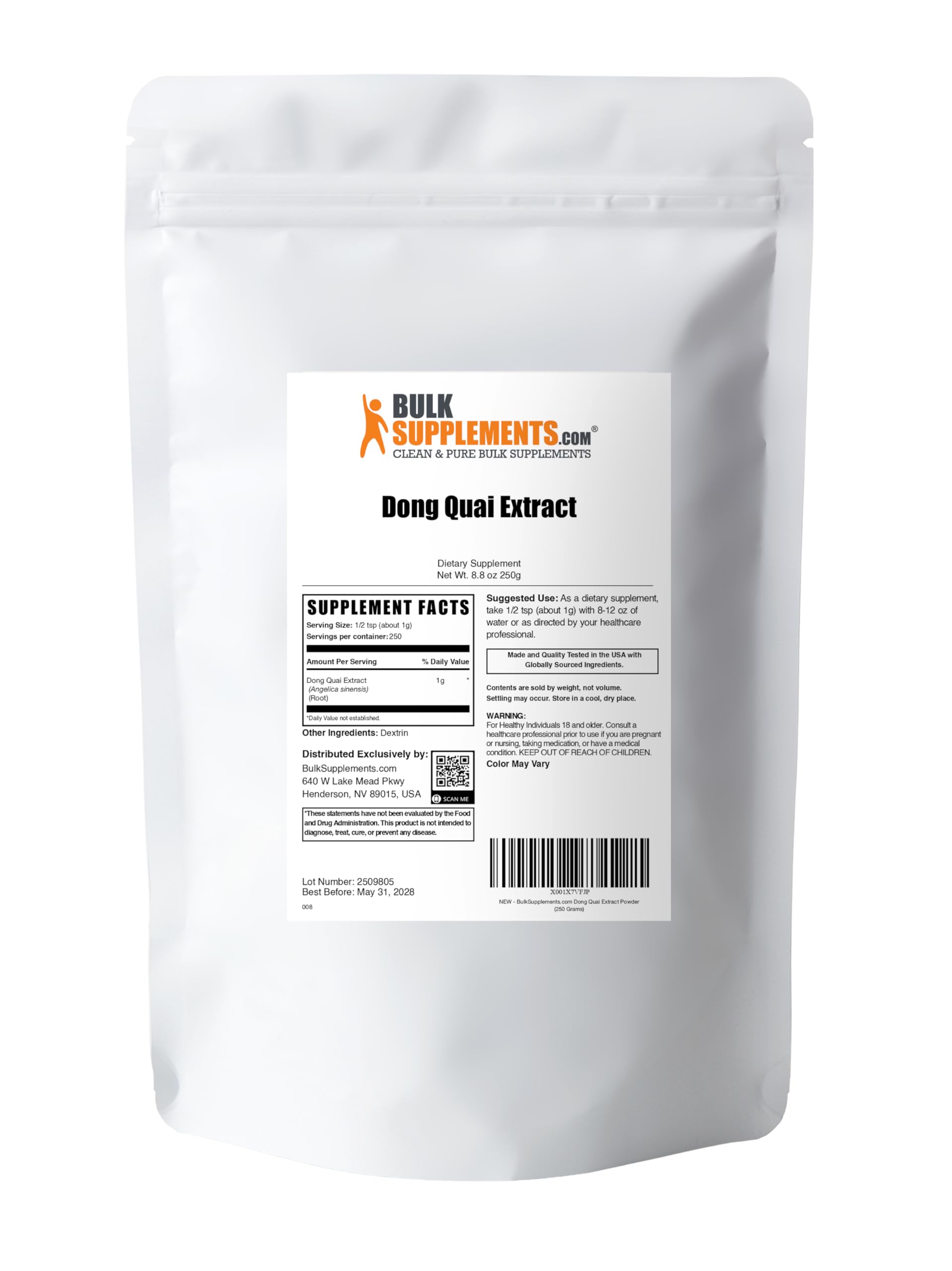 BulkSupplements Dong Quai Root Extract powder texture close-up in a spoon.