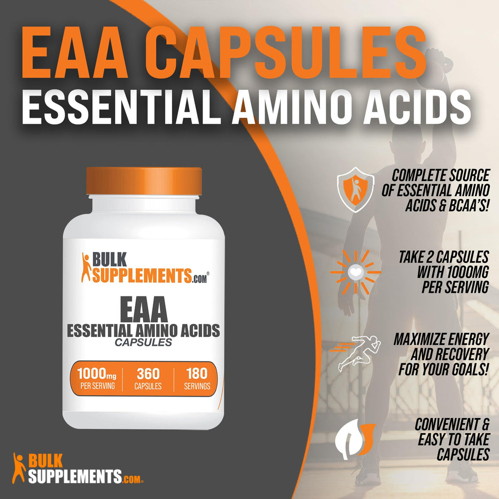BulkSupplements EAA capsules label closeup shows no added sugars and clean formulation