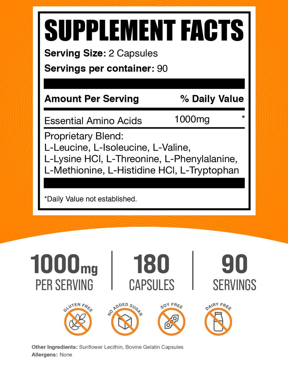 BulkSupplements EAA capsules label close-up highlights ingredients and suggested serving size.