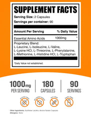 BulkSupplements EAA capsules label close-up highlights ingredients and suggested serving size.