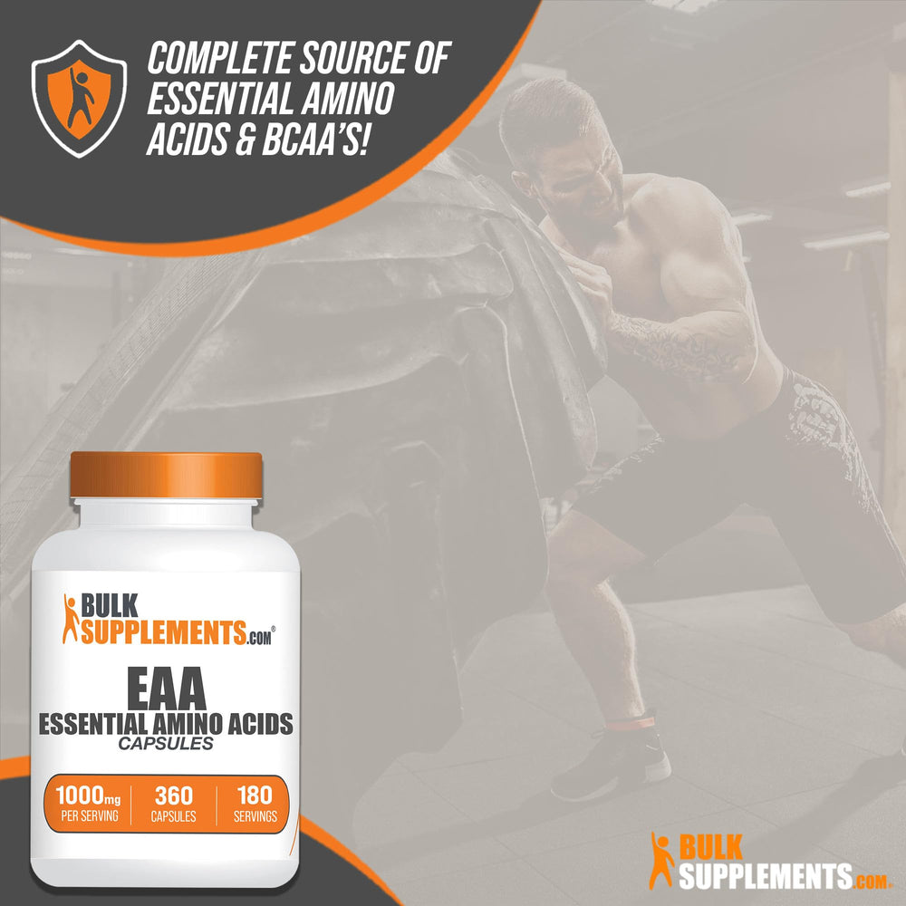 BulkSupplements EAA capsules pour bottle ready for a 2-capsule serving with water