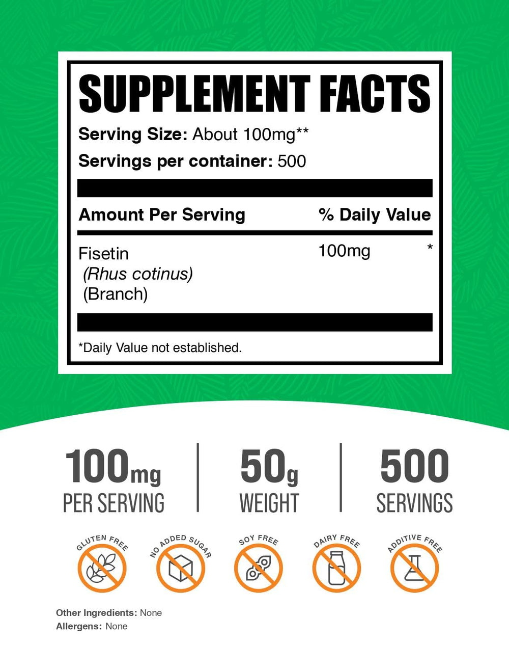 BulkSupplements Fisetin powder label close-up showing dosage and purity.