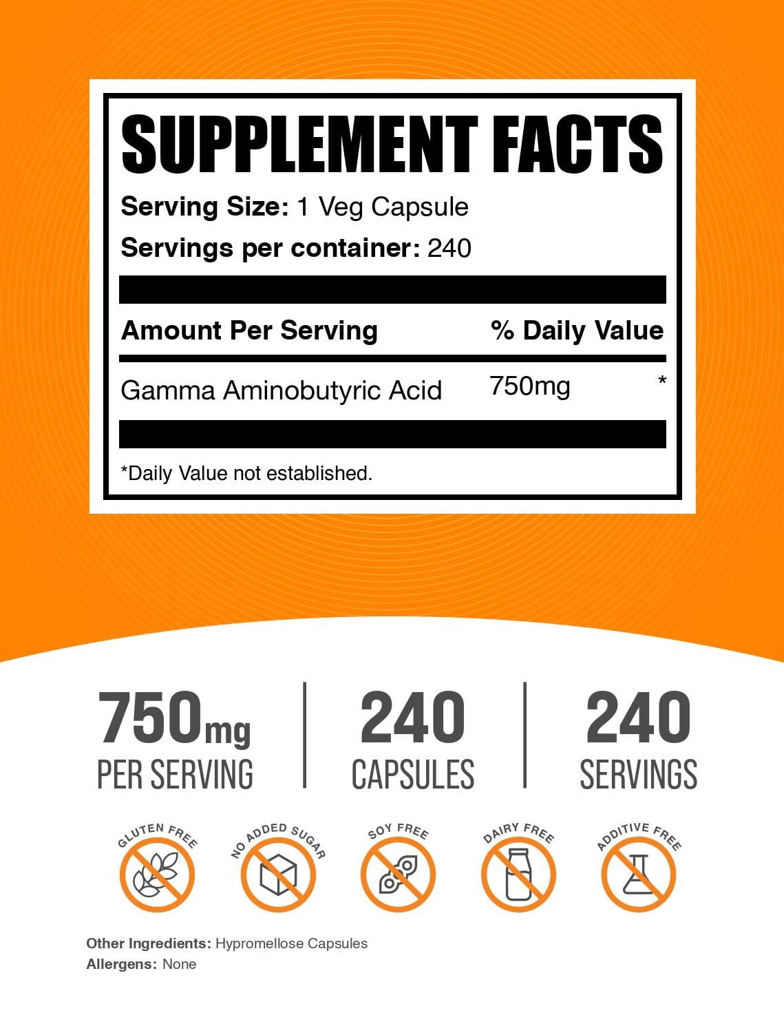 BulkSupplements GABA 750mg bottle close-up emphasizes a one-capsule daily serving.