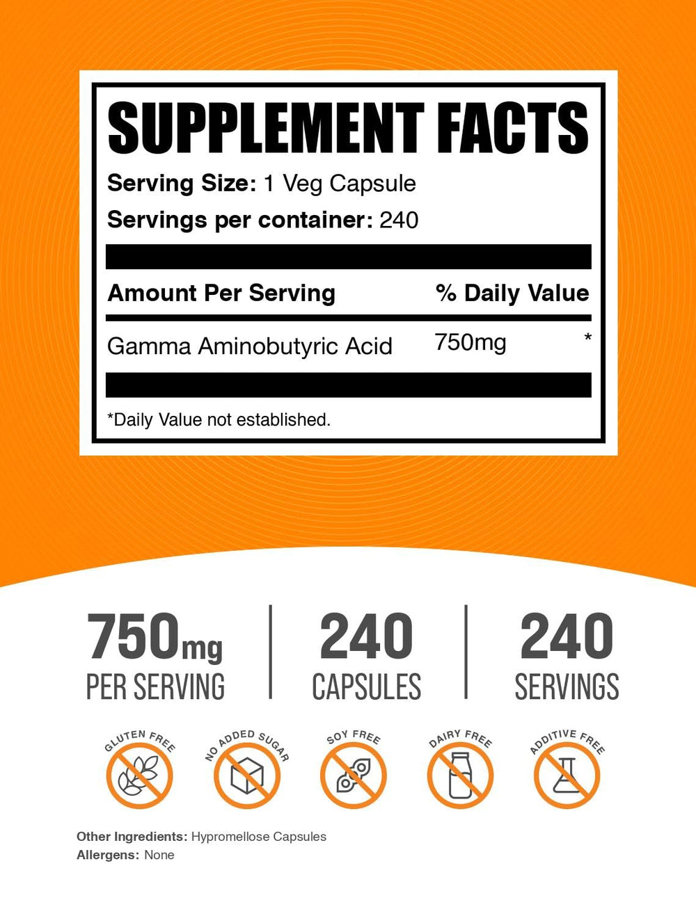 BulkSupplements GABA 750mg bottle close-up emphasizes a one-capsule daily serving.