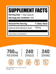 BulkSupplements GABA 750mg bottle close-up emphasizes a one-capsule daily serving.