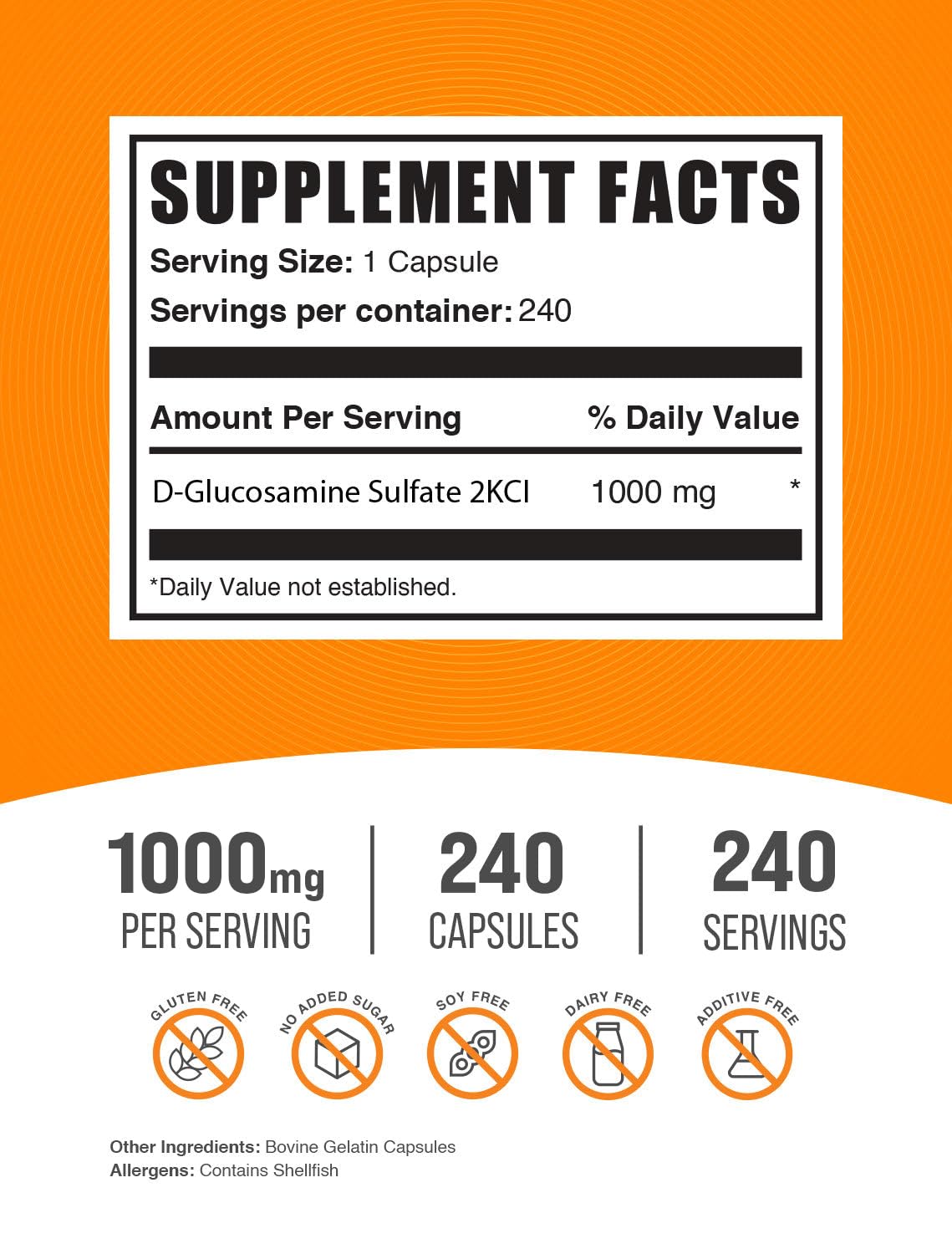 BulkSupplements Glucosamine Sulfate Capsules serving highlights 1000 mg per capsule.
