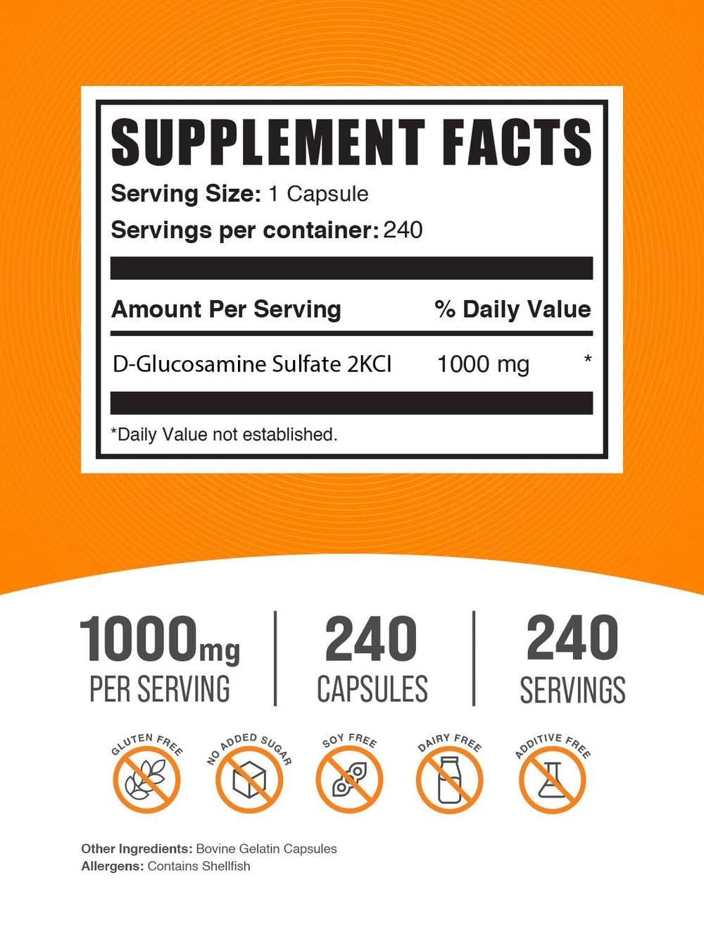 BulkSupplements Glucosamine Sulfate Capsules serving highlights 1000 mg per capsule.