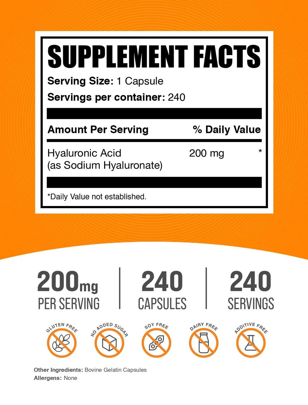 BulkSupplements Hyaluronic Acid Capsules close-up highlights small, easy to swallow capsules.