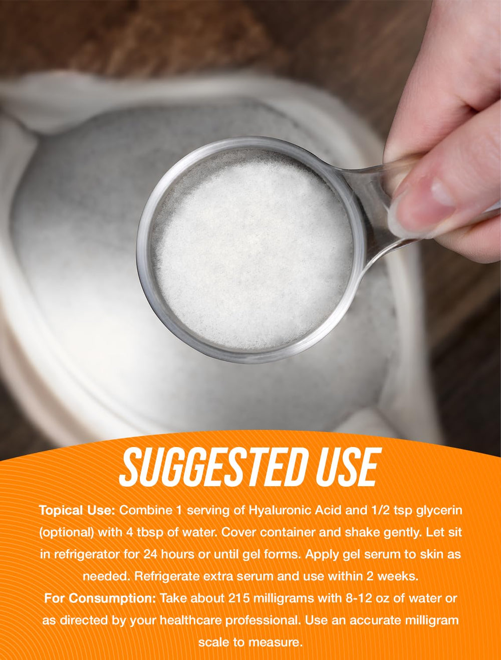 Macro close-up of Hyaluronic Acid Powder texture, highlighting purity and smooth blending.