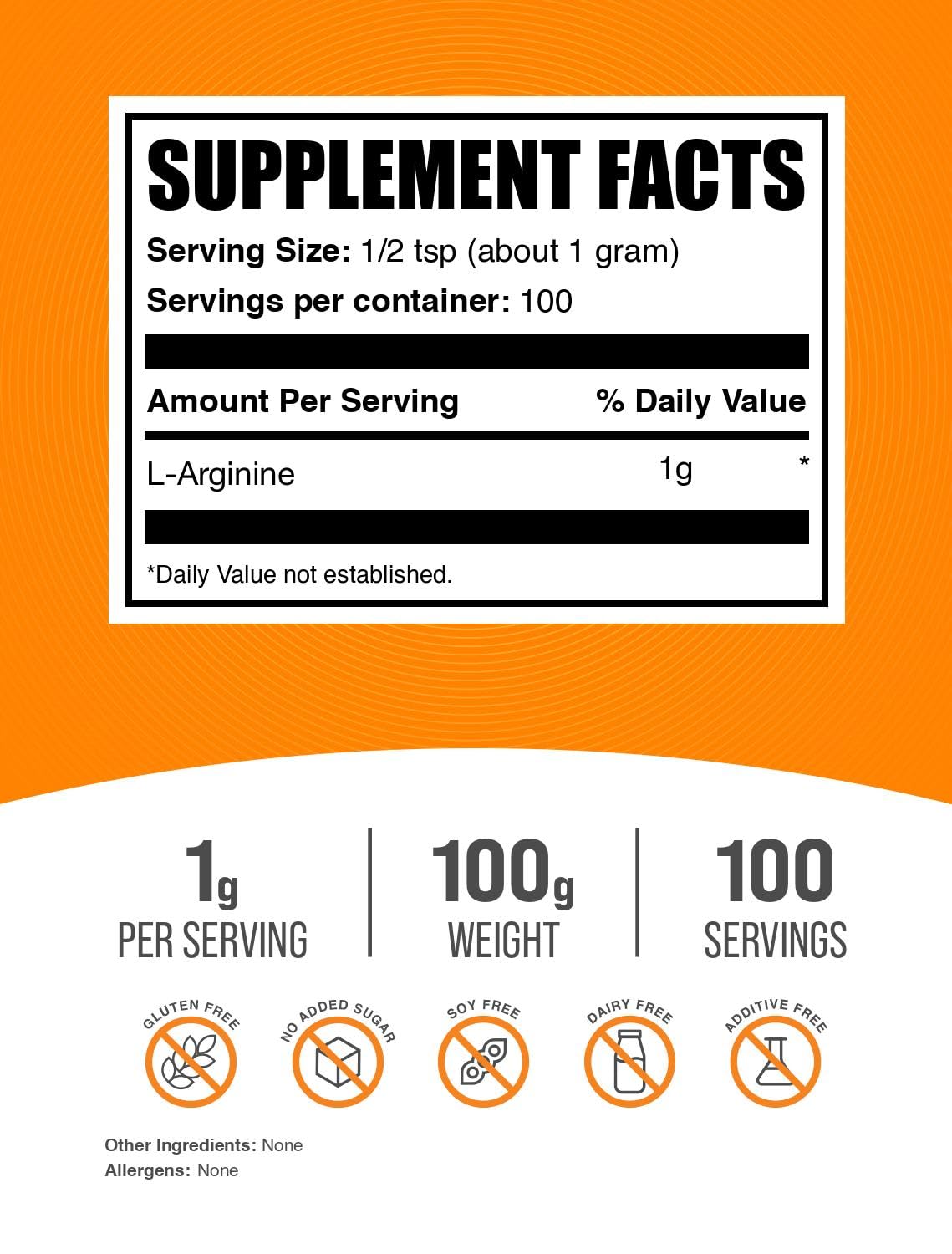 BulkSupplements L-Arginine powder scoop with label emphasizing purity.