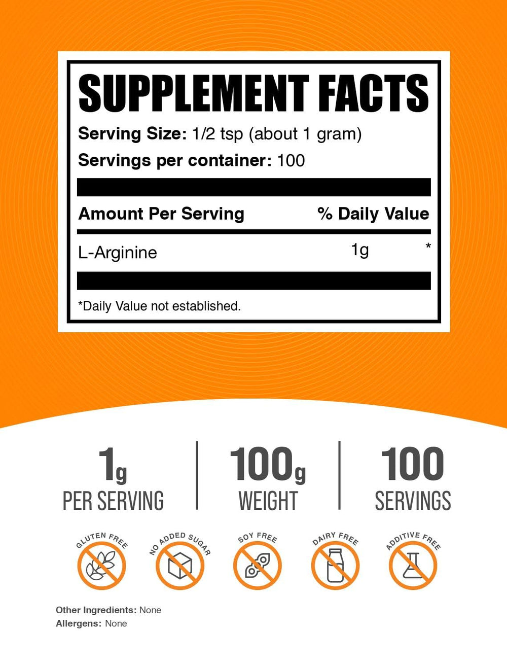 BulkSupplements L-Arginine powder scoop with label emphasizing purity.