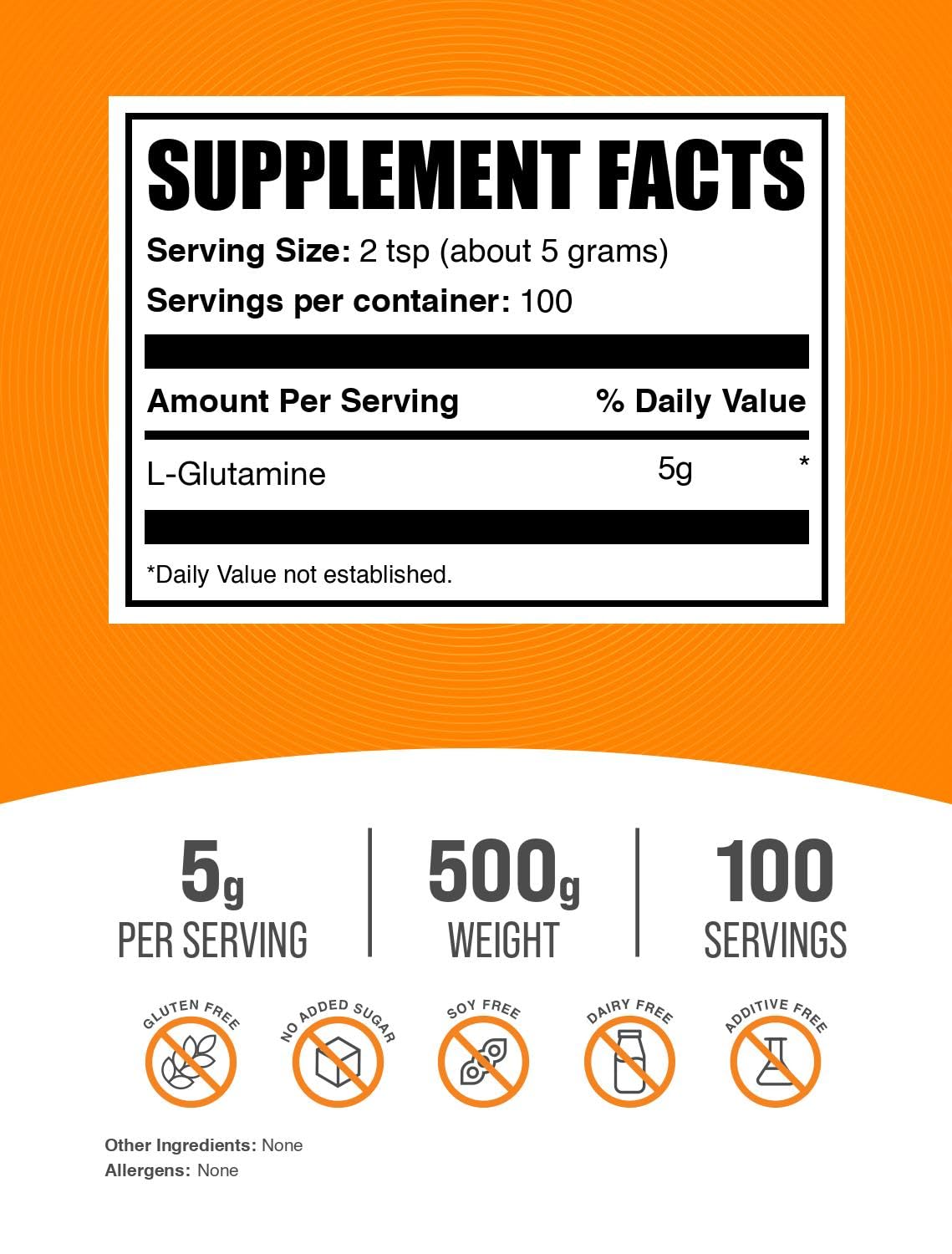 Bulksupplements L-Glutamine powder serving scoop emphasizes precise 5g dose.