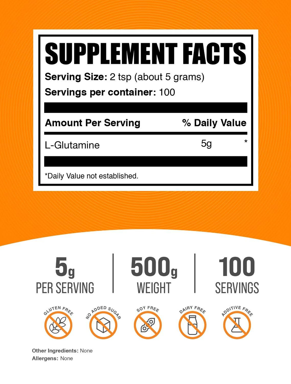 Bulksupplements L-Glutamine powder serving scoop emphasizes precise 5g dose.
