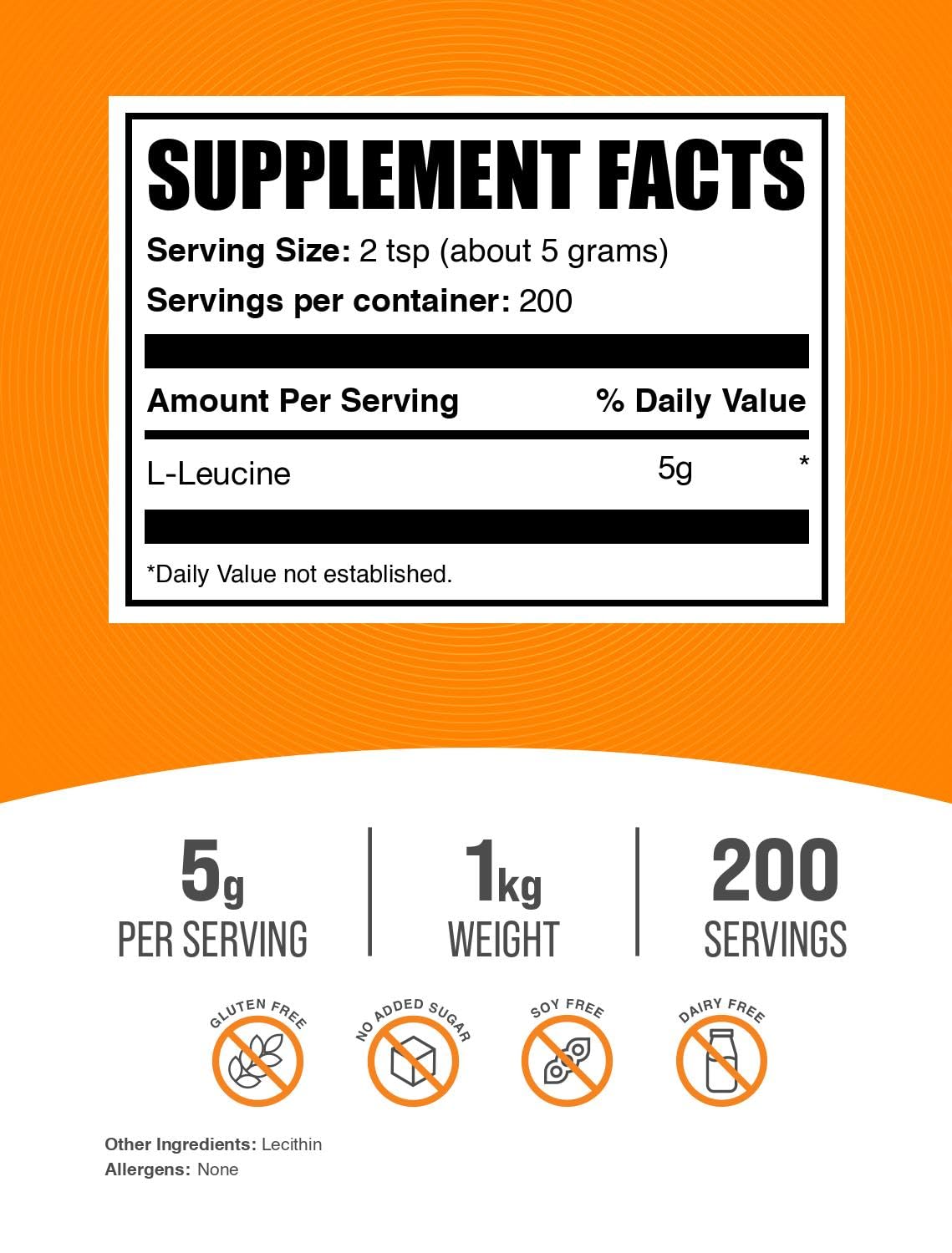 BulkSupplements L-Leucine powder scoop showing a precise 5g serving