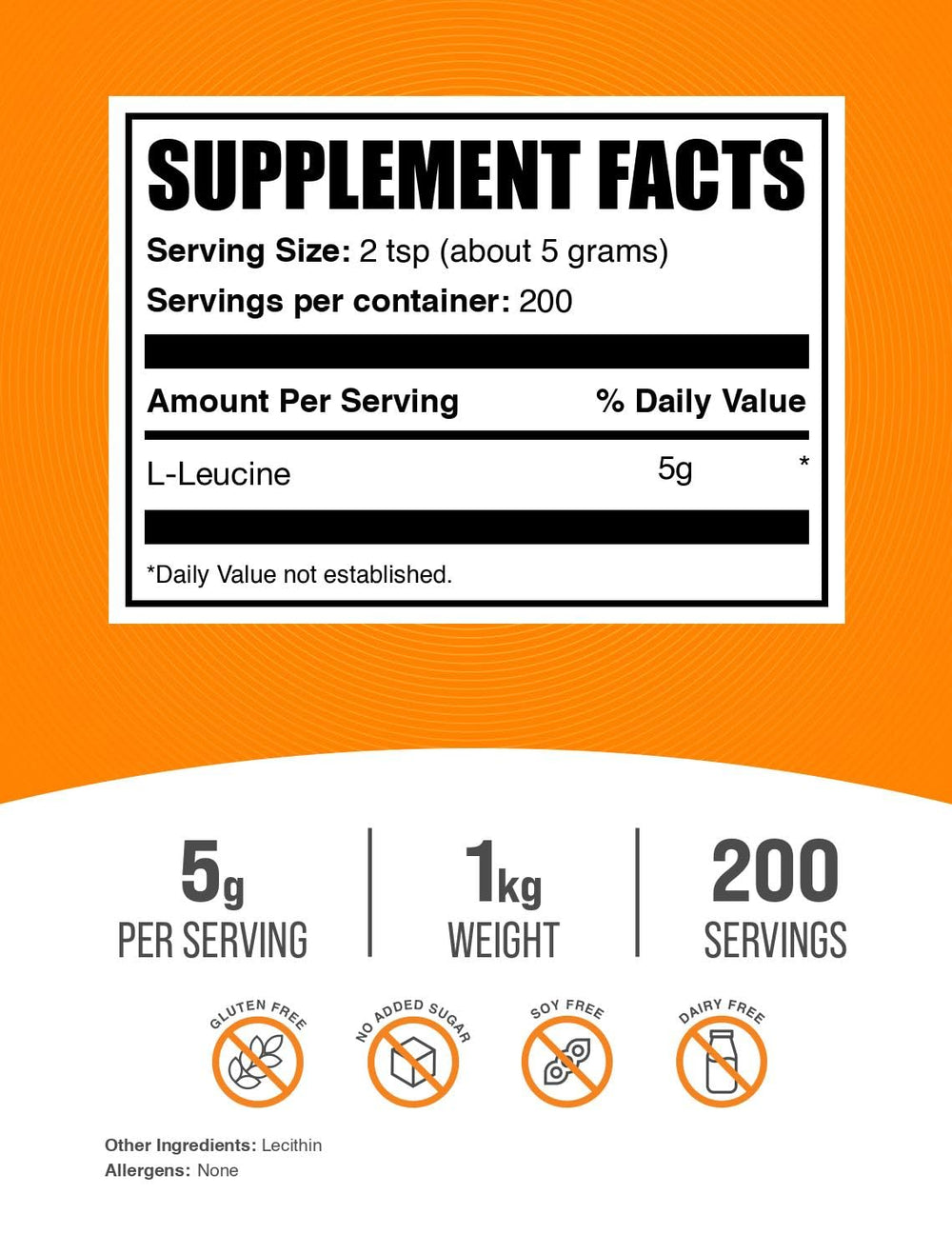 BulkSupplements L-Leucine powder scoop showing a precise 5g serving