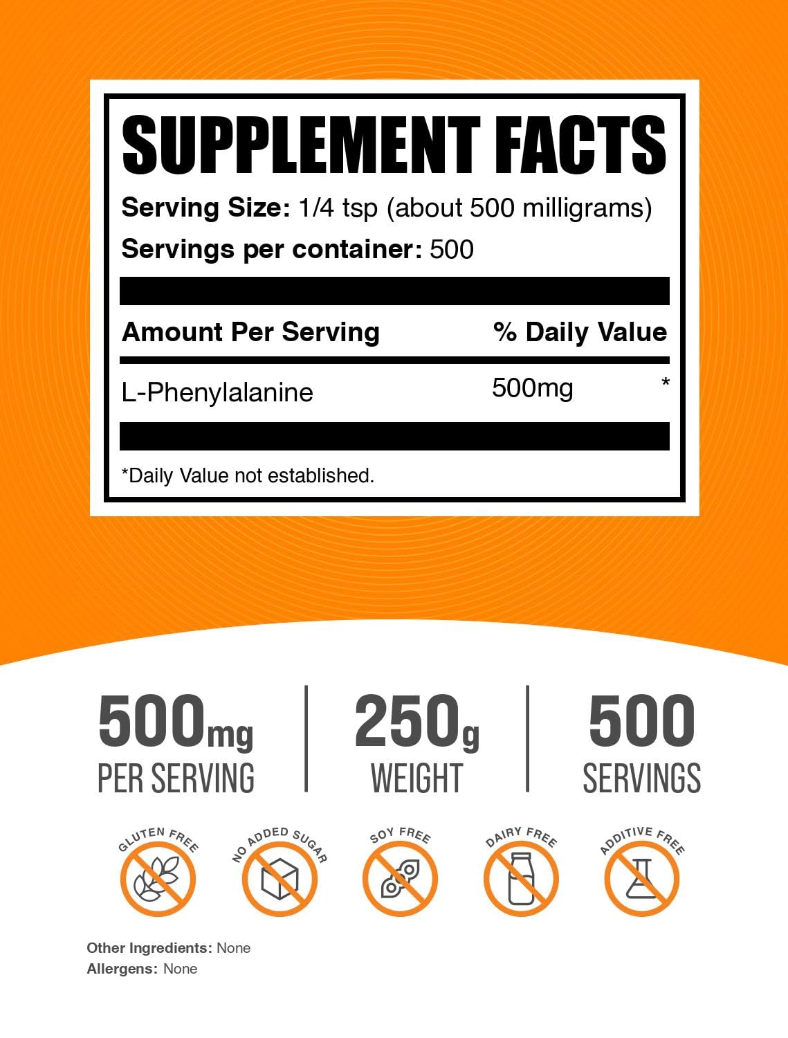 Closeup of BulkSupplements L-Phenylalanine powder bottle showing quality