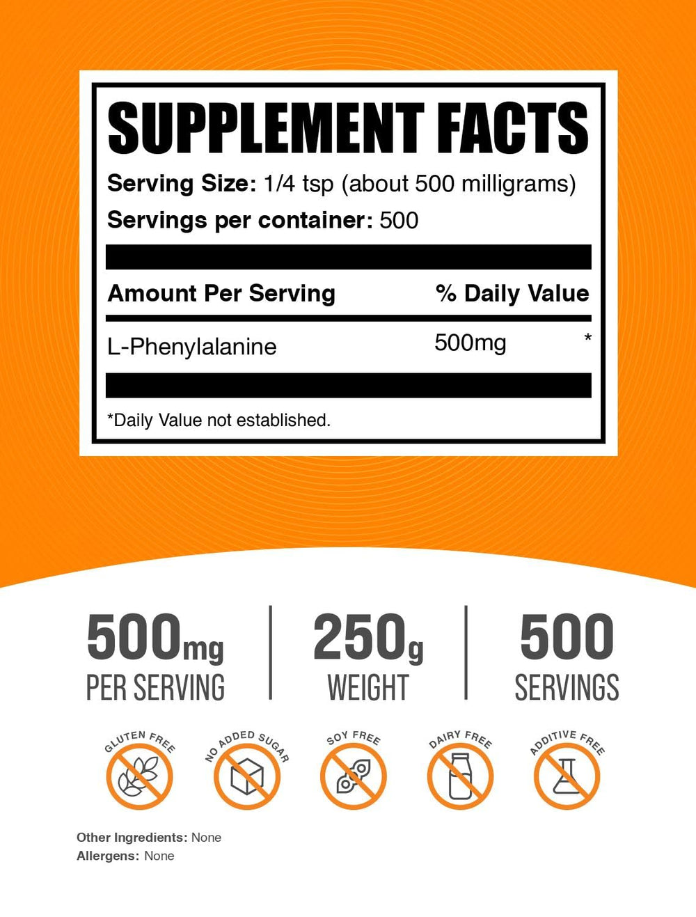 Closeup of BulkSupplements L-Phenylalanine powder bottle showing quality