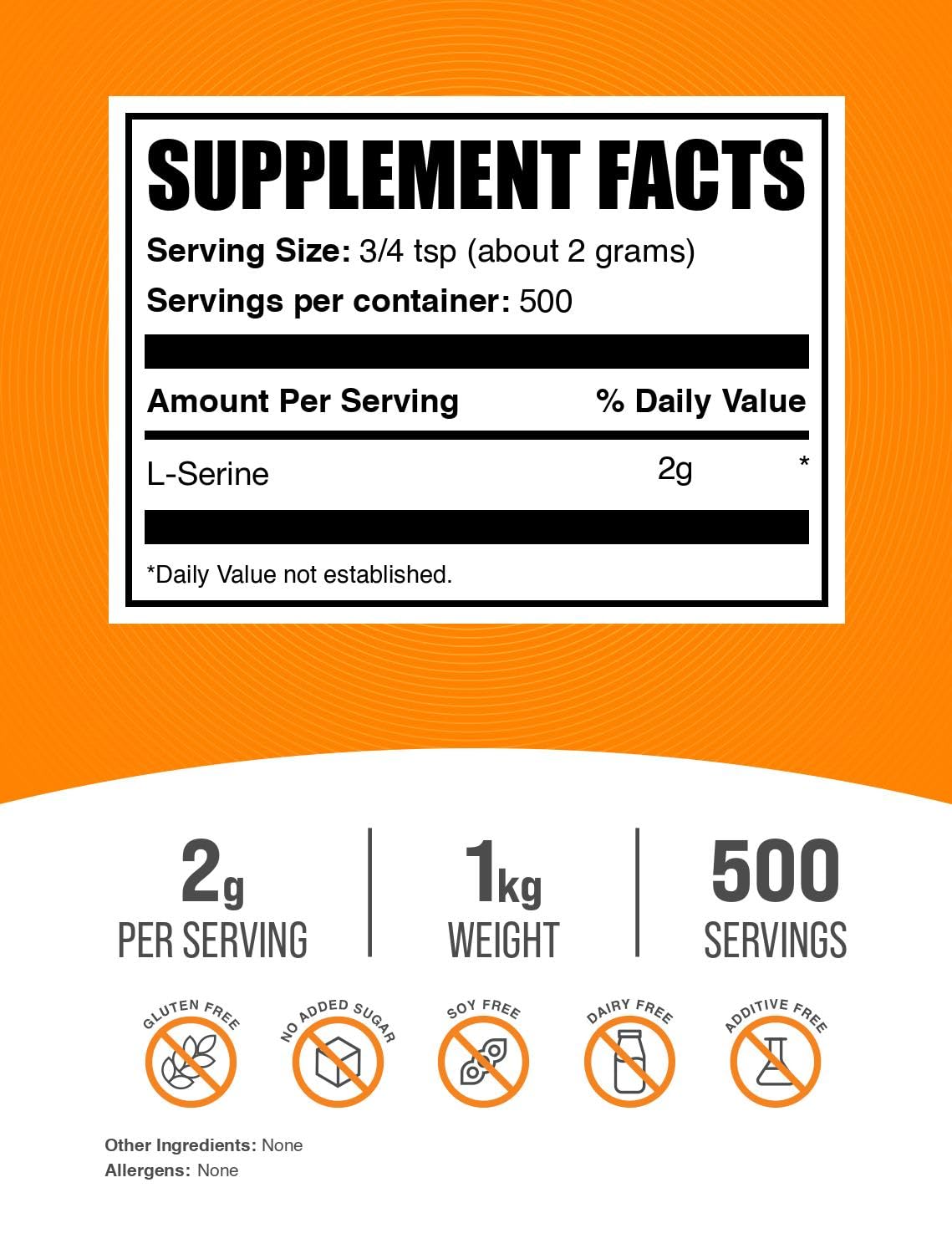 BulkSupplements L-Serine powder label close-up highlighting transparent ingredients and third-party testing