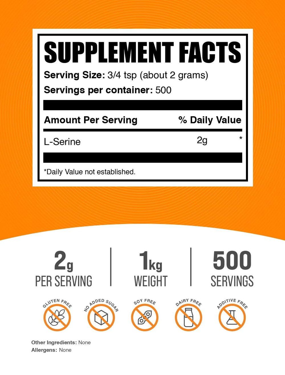BulkSupplements L-Serine powder label close-up highlighting transparent ingredients and third-party testing