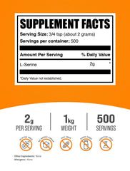 BulkSupplements L-Serine powder label close-up highlighting transparent ingredients and third-party testing