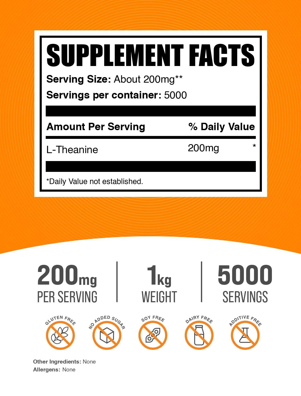 BulkSupplements L-Theanine powder scoop shows precise 200 mg servings