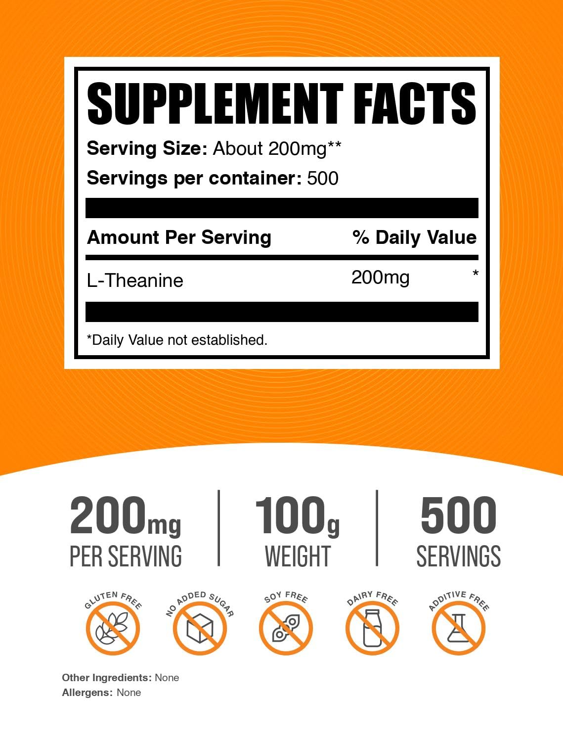 BulkSupplements L-Theanine powder with scoop, enabling precise daily dosing.