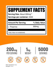 BulkSupplements L-Theanine powder scoop shows precise 200 mg servings
