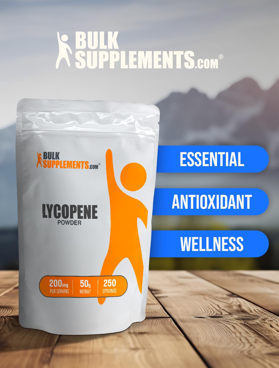 BulkSupplements Lycopene powder label highlights gluten-free and 10 mg per serving.