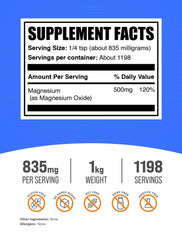 BulkSupplements Magnesium Oxide powder with scoop for easy blending into beverages.