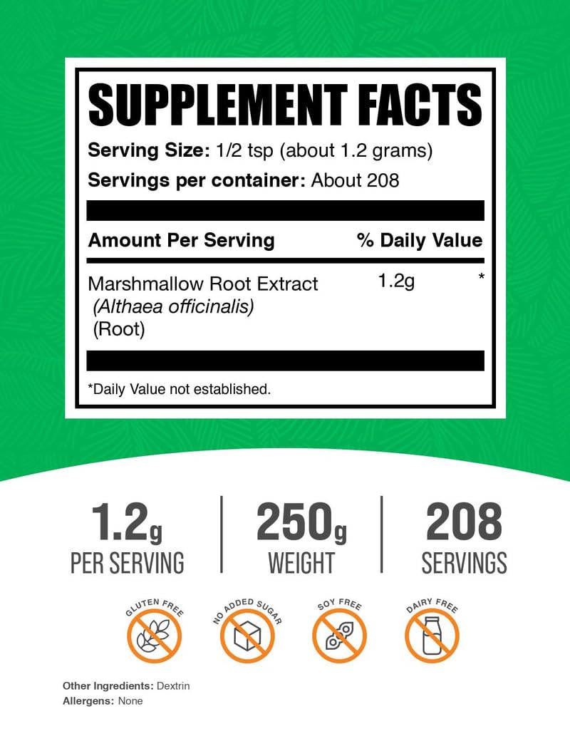 BulkSupplements marshmallow root extract powder 250g packaging displaying value and easy portion control.