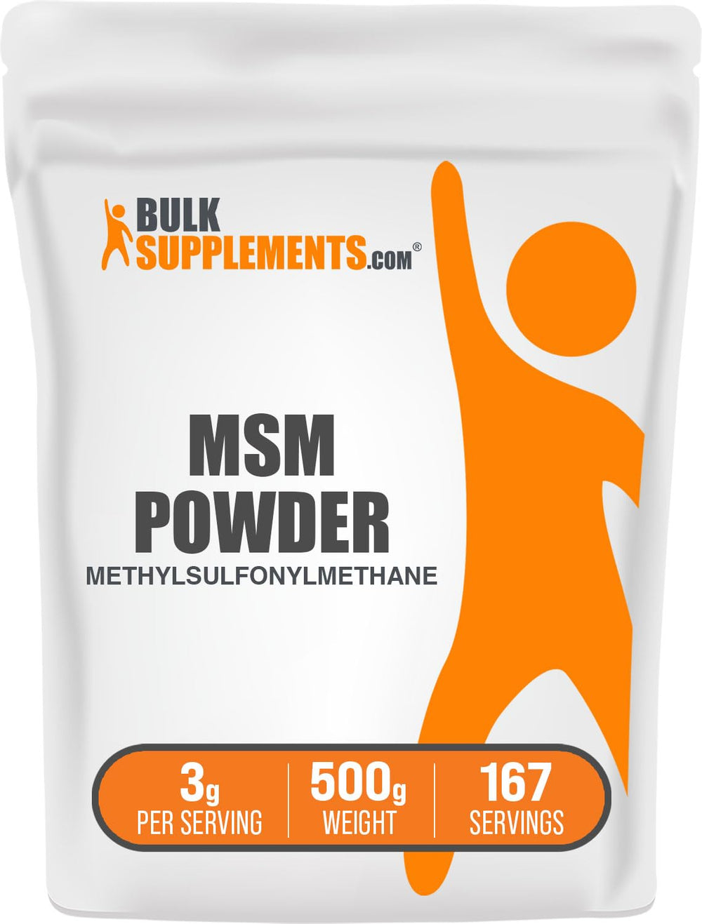 BulkSupplements MSM powder bottle and scoop for easy daily mixing in smoothies.