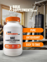 BulkSupplements NAC capsules close-up to emphasize convenience and portable supplementation