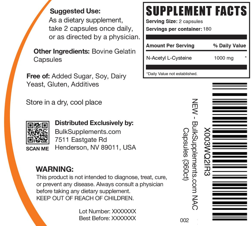 BulkSupplements gluten-free NAC capsules arranged to show dietary compatibility