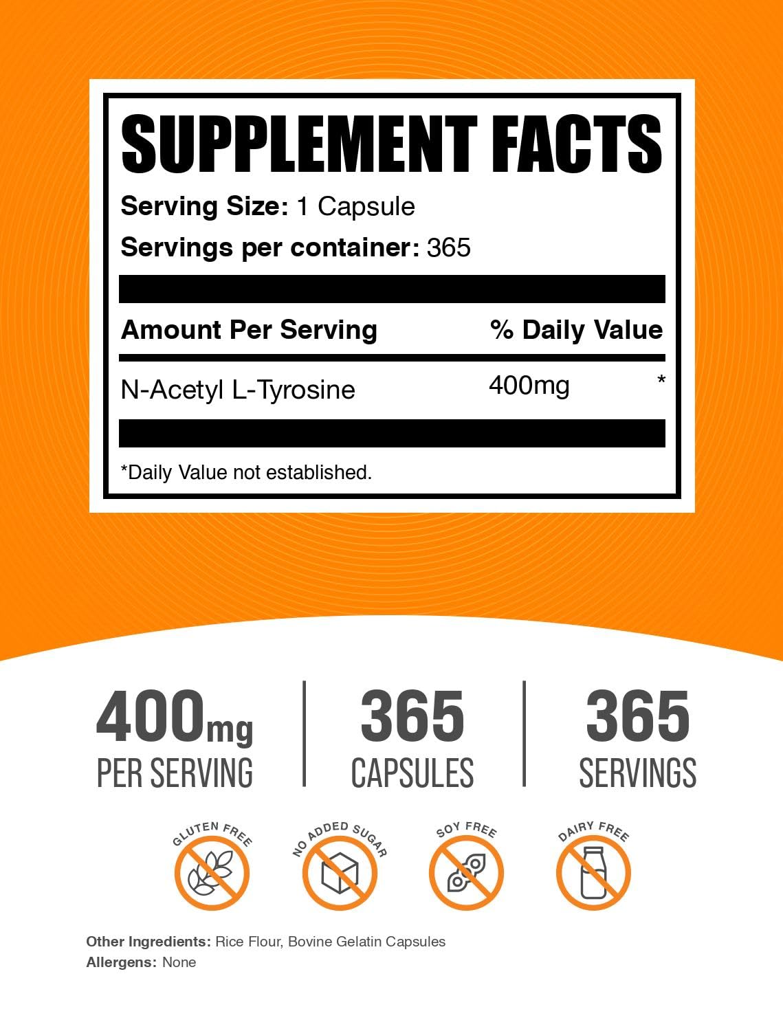 BulkSupplements N-Acetyl L-Tyrosine capsules closeup label highlighting quality