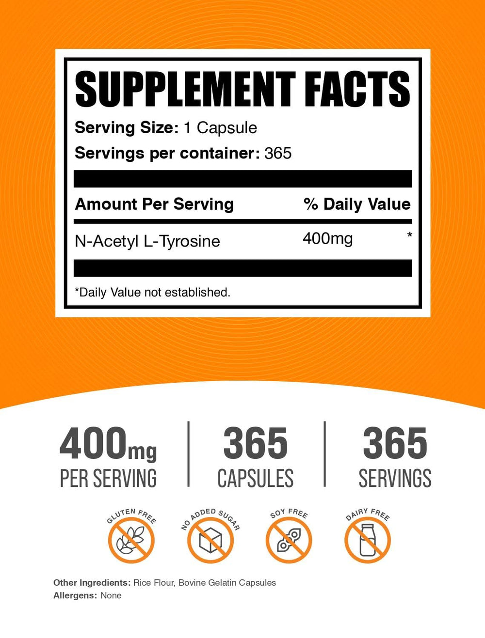 BulkSupplements N-Acetyl L-Tyrosine capsules closeup label highlighting quality