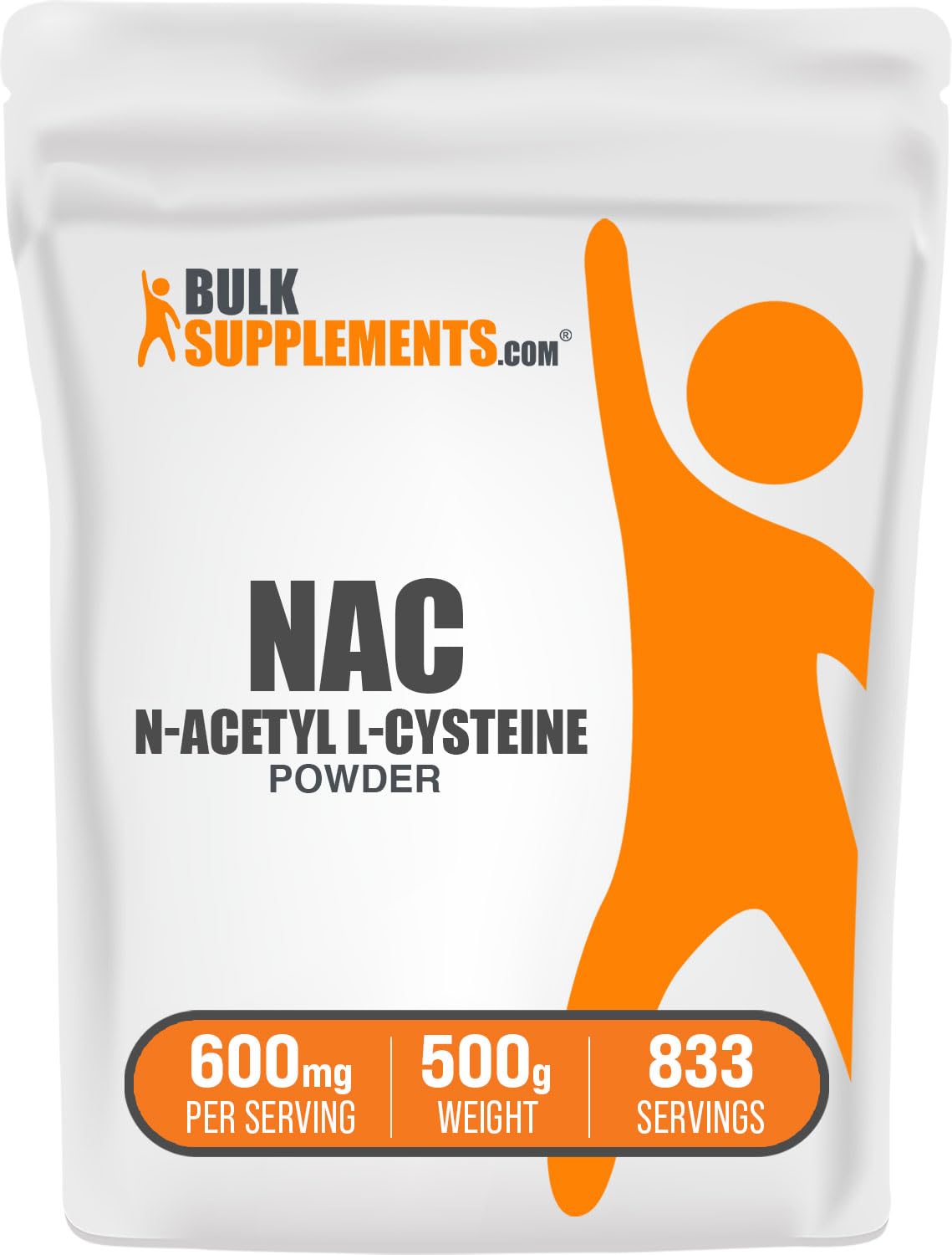 BulkSupplements NAC powder 600mg serving for easy mix into shakes.