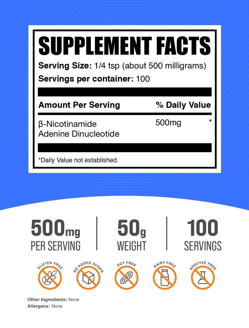 BulkSupplements NAD powder label visible, highlighting 500 mg per serving for convenient supplementation.