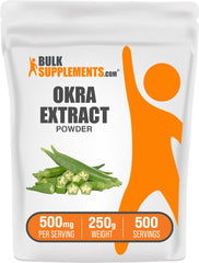 Bulksupplements Okra Extract Powder bottle highlights fiber support and vegan-friendly formula.