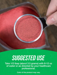 Measuring scoop and jar show precise 3.5g serving guidance for consistent intake.
