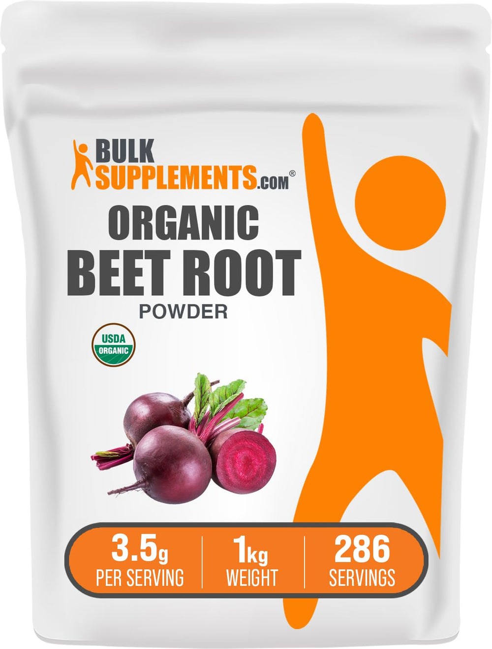 BulkSupplements Organic Beet Root Powder packaging shows vegan, gluten-free beet supplement for daily use
