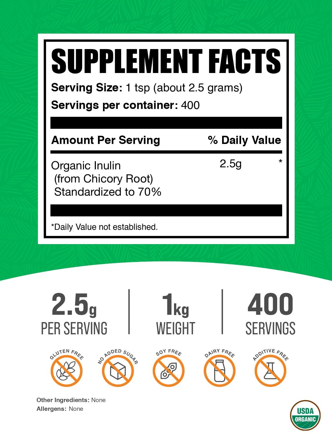 BulkSupplements Organic Inulin Powder scoop highlights easy measurement for smoothies