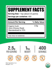 BulkSupplements Organic Inulin Powder scoop highlights easy measurement for smoothies