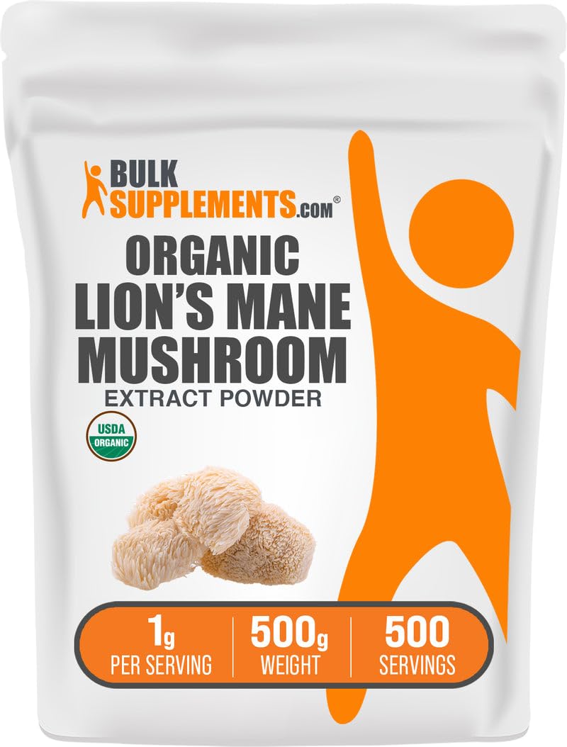 BulkSupplements Organic Lion's Mane powder bottle for easy daily brain support.