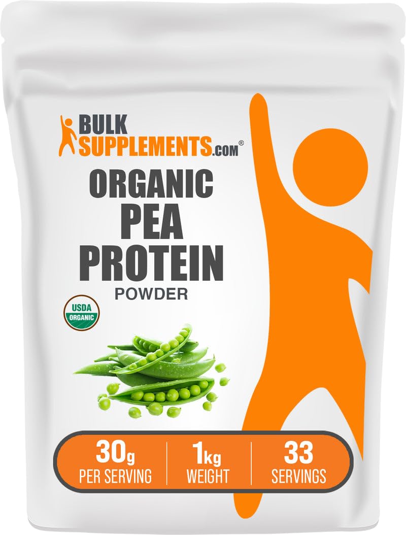 BulkSupplements Organic Pea Protein Powder package highlighting plant-based, gluten-free protein option.