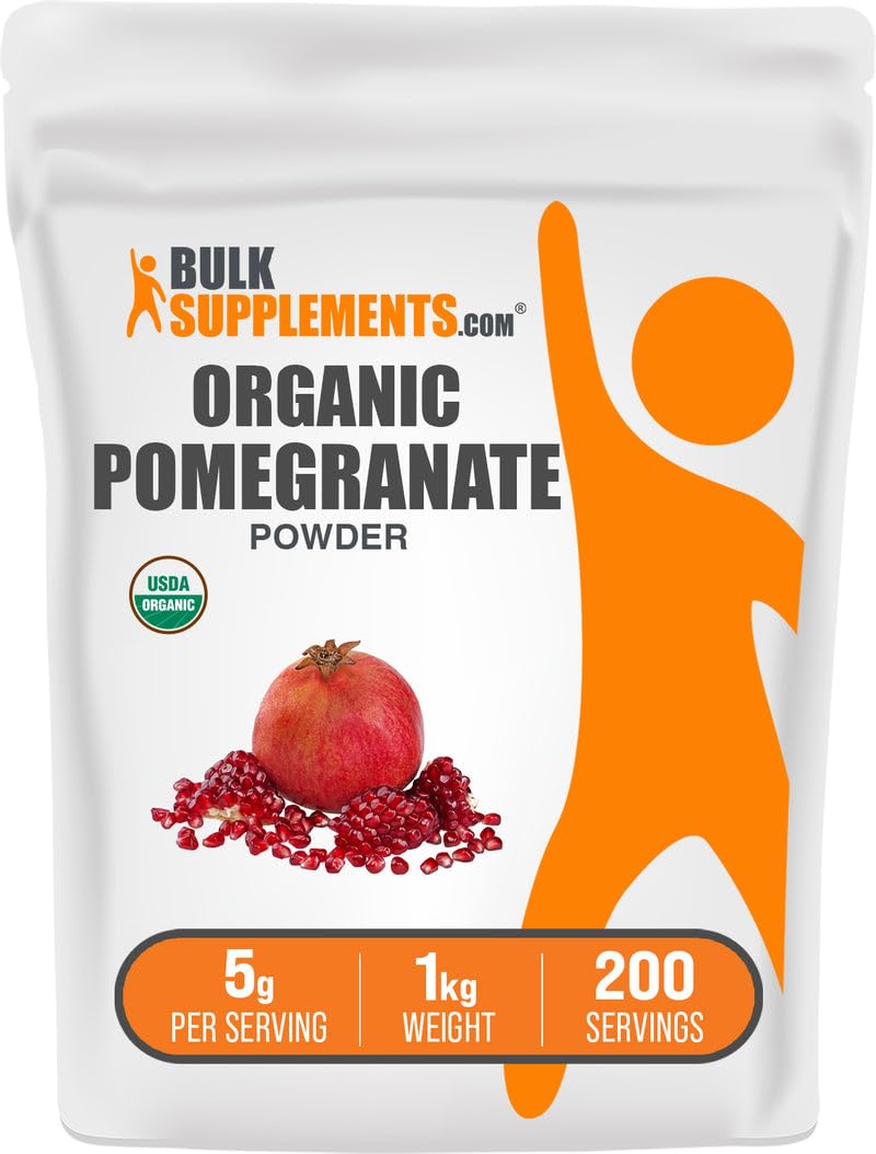 BulkSupplements Organic Pomegranate Powder packaging highlights premium gluten-free nutrition.